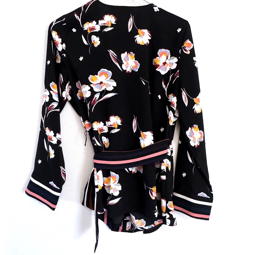 Halogen Women's Jessica Floral Faux Wrap Blouse - Black Floral with Striped Trim - Picture 4 of 4
